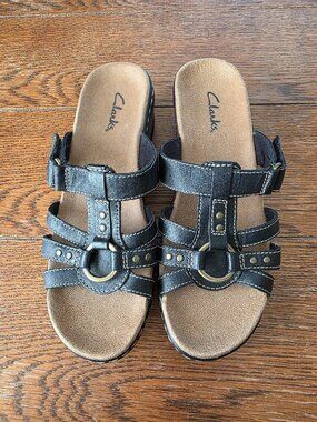 New Clarks Black Leather Slide Sandals Size 6.5M